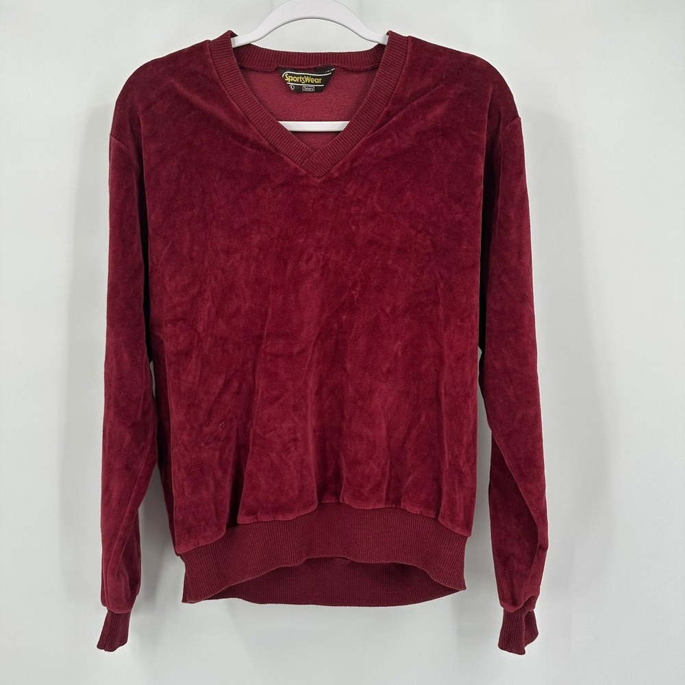 Sears Sports Wear Mens Vintage Velour Sweater Size L Disco Preppy Burgundy